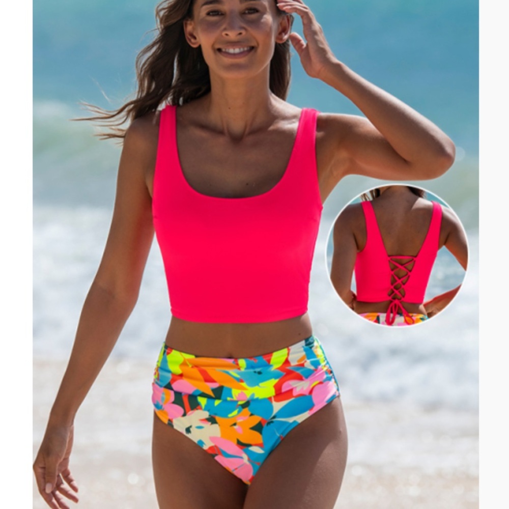 Popvil U Neck Back Tie Floral Watermelon Red Bikini Set